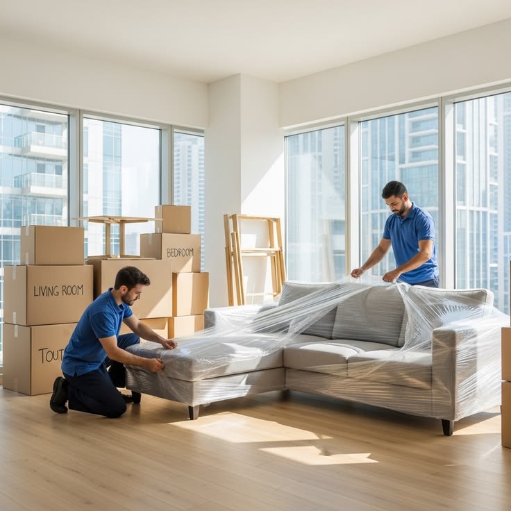 Professional apartment movers in Dubai packing furniture safely