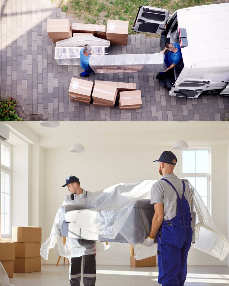Professional movers handling hotel furniture and dining areas in Dubai